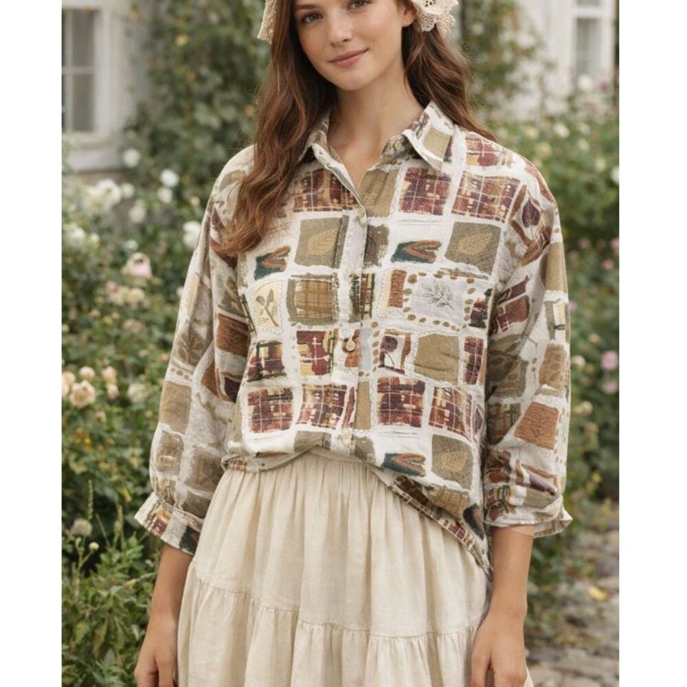 Krazy Kat Button Up Shirt 100% Cotton L Patchwork Grandmacore Vintage 90s Artsy